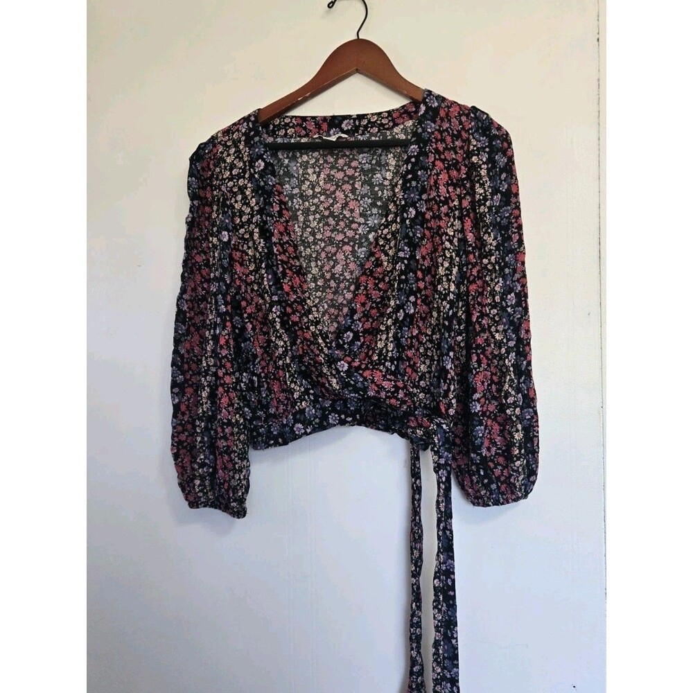 American Eagle‎ Blouse Womens M Floral Surplice VNeck Balloon Sleeve Faux Wrap